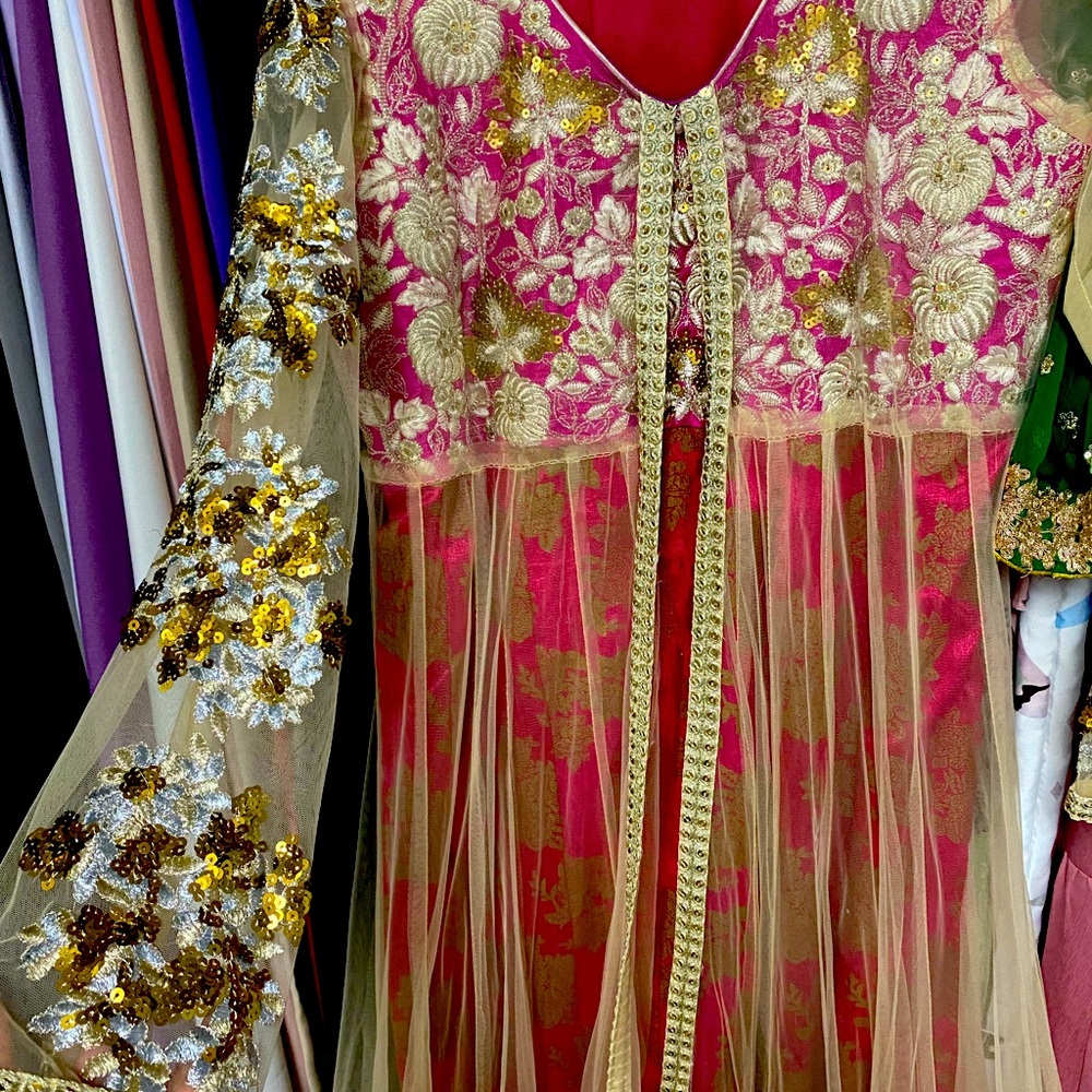 Pakistani pink and gold embroidery party frock style dress